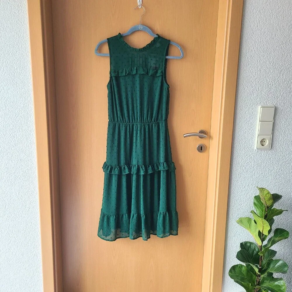 Monteau Deep Green Sleeveless Cottagecore Tiered Ruffle Prairie Midi Dress XS